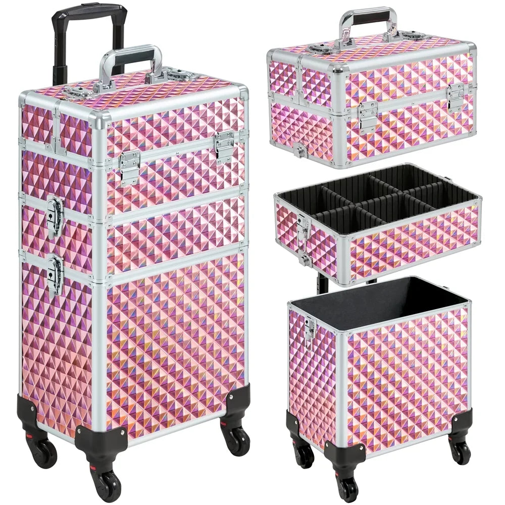 Topeakmart Train Large Trolley 3-in-1 Storage, Pink Case Cosmetic Makeup Rolling with