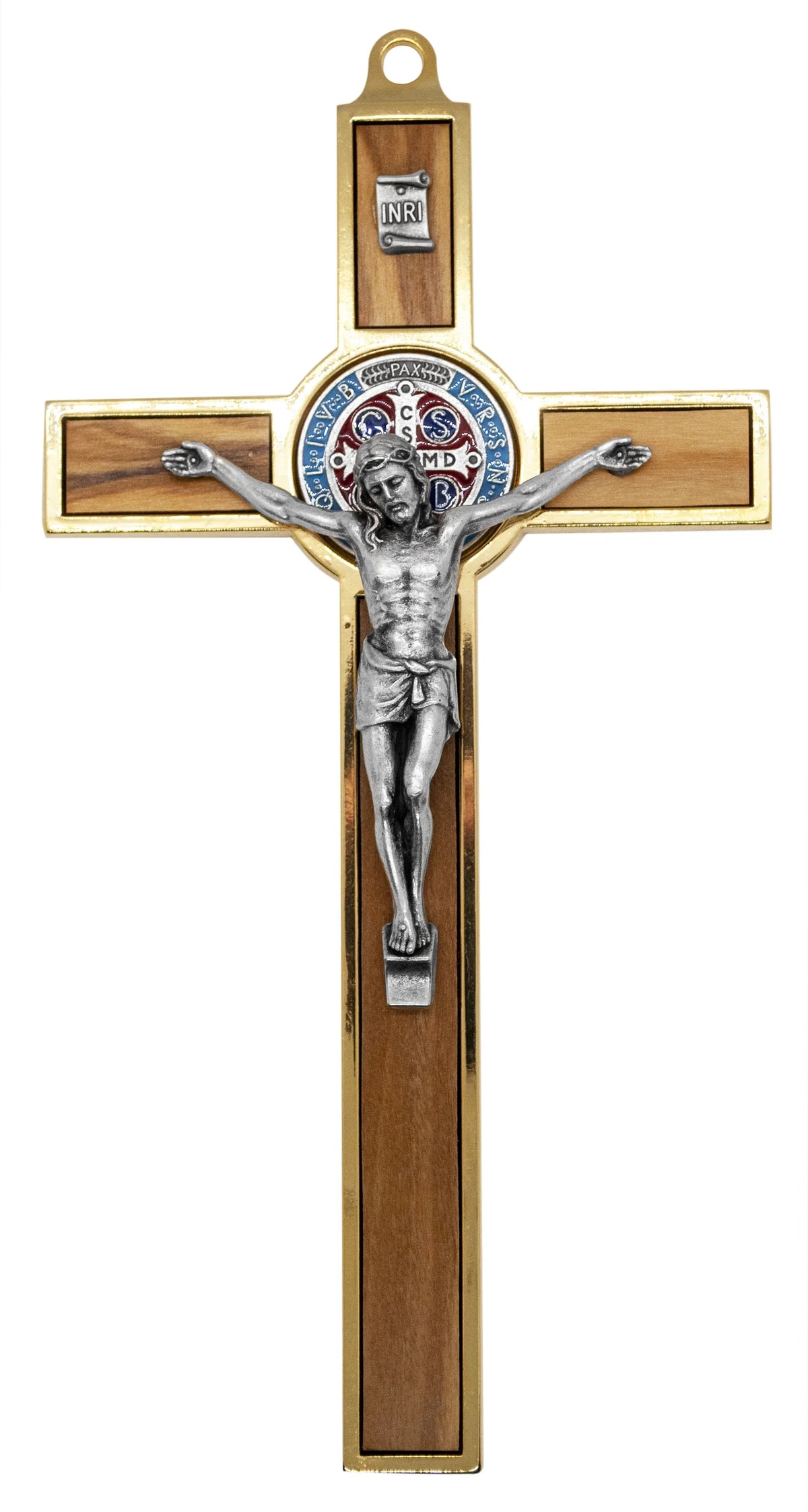 Benedict and Crucifix Medal with Inlays Wood Gold-Tone St. Colored 7.75"