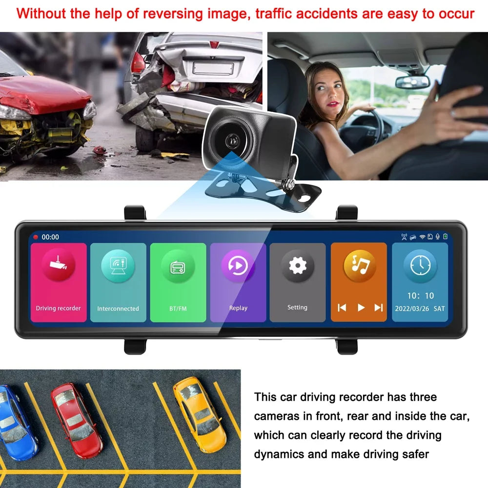 Screen 2.5k Car Andoer Rearview Mirror Car Car Dash Cam Bt Clear 2.5k Car Car Bt Video 2.5k Mirror 2.5k Camera,3 Screen Rearview Bt Cam Touched Camera Car 12in Cameras Clear 12in Mirror Dash