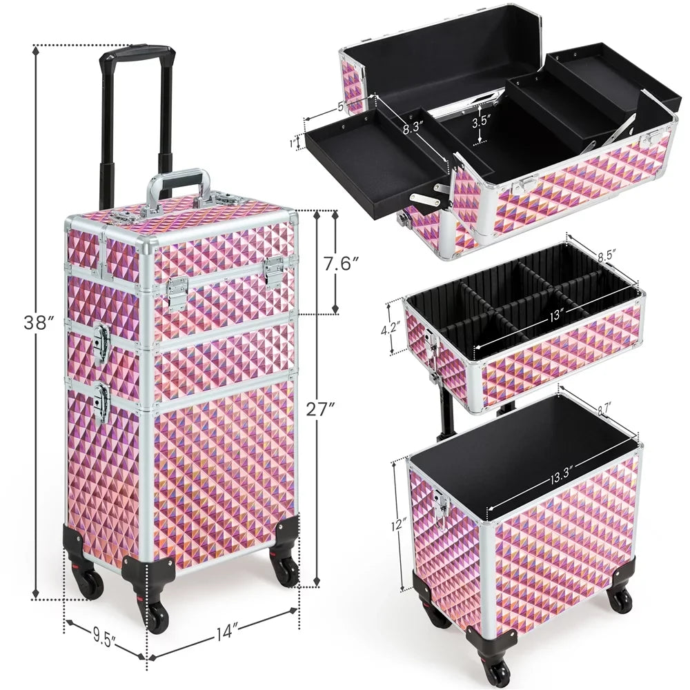 Topeakmart Train Large Trolley 3-in-1 Storage, Pink Case Cosmetic Makeup Rolling with