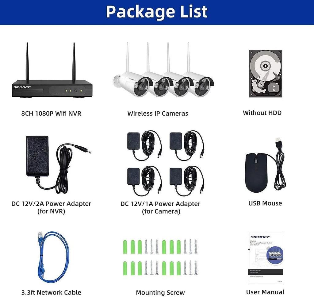 Surveillance 3MP with Vision,AI 8 Detection Camera Wireless NVR Outdoor 4PCS SMONET Indoor No Security Cameras,P2P Channel Systems System,Night Audio Human WiFi Hard Camera CCTV CCTV Kits, Drive,