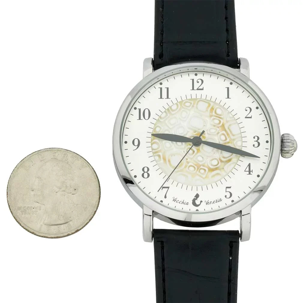 Watch Leather Band - Millefiori GlassOfVenice and Murano White Men's Black Glass With