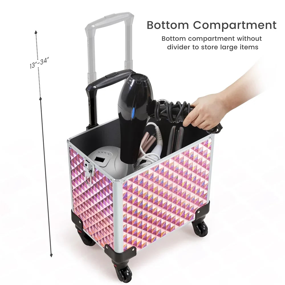 Topeakmart Train Large Trolley 3-in-1 Storage, Pink Case Cosmetic Makeup Rolling with