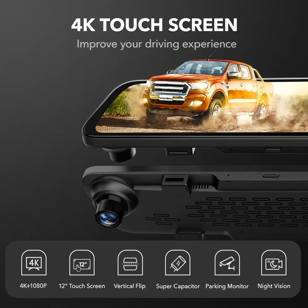 Cam, 4K Screen, with Backup 12" & Free Camera Parking Rear Touch GPS Full Dash Mirror Monitor, View 32GB Camera, Mirror WOLFBOX Card Dash