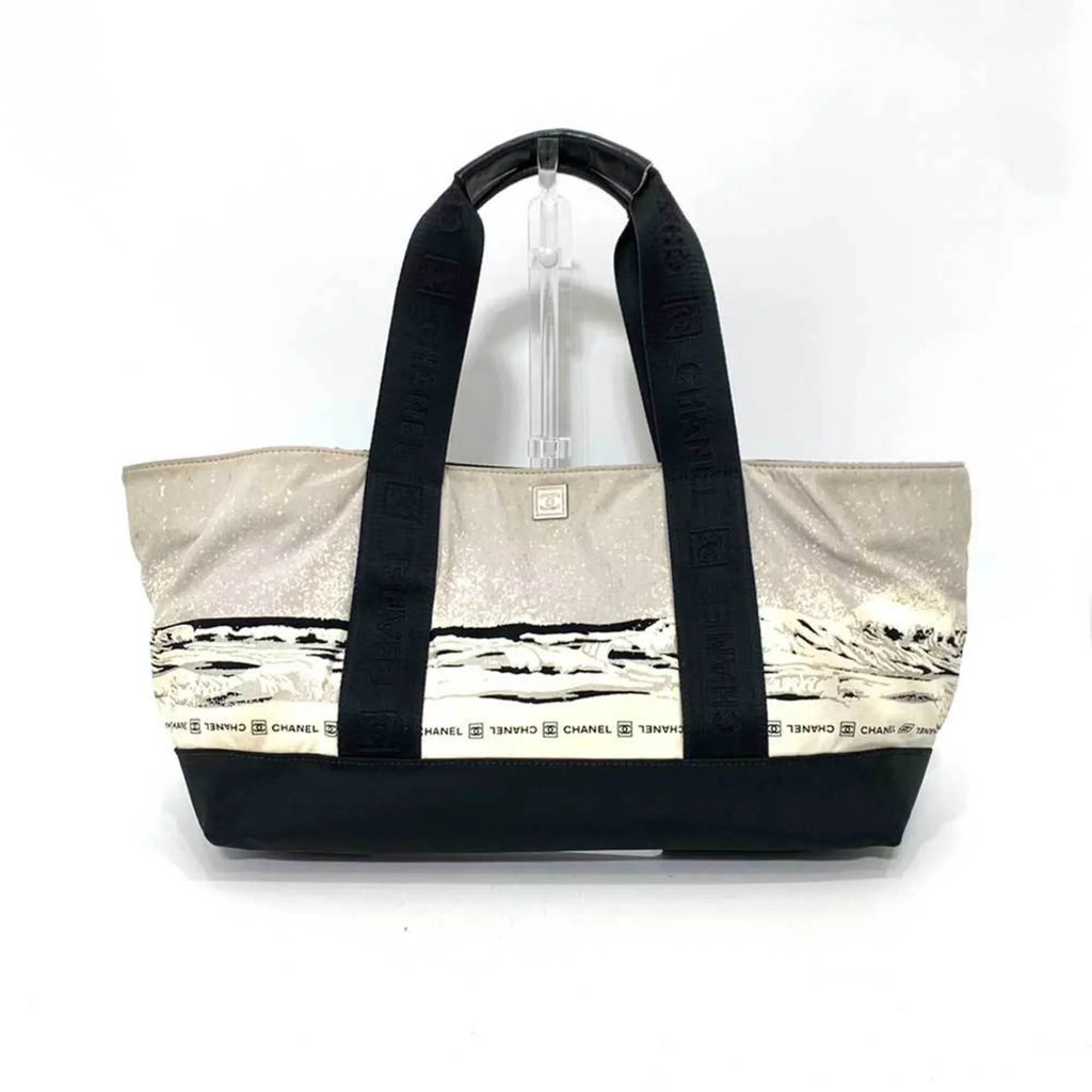 CHANEL Handbag Gray Pattern Line Tote Summer Canvas Bag Nylon High Horizontal Ladies Black x Pre-Owned Sports (Fair) Men's Wave
