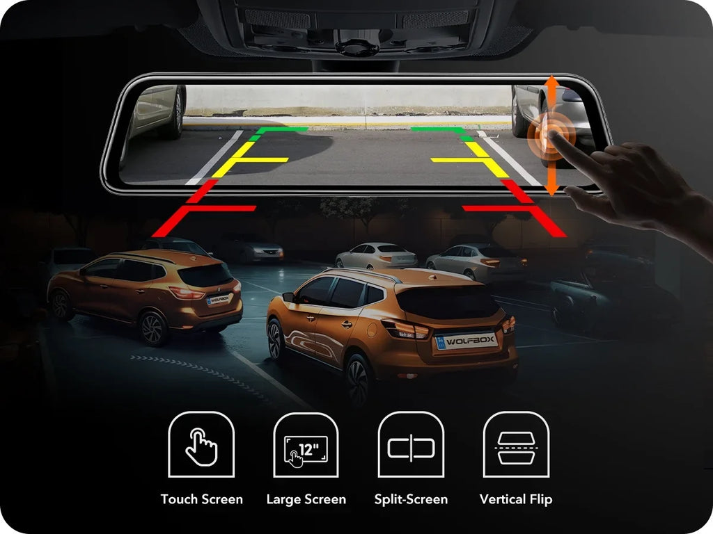 Cam, 4K Screen, with Backup 12" & Free Camera Parking Rear Touch GPS Full Dash Mirror Monitor, View 32GB Camera, Mirror WOLFBOX Card Dash