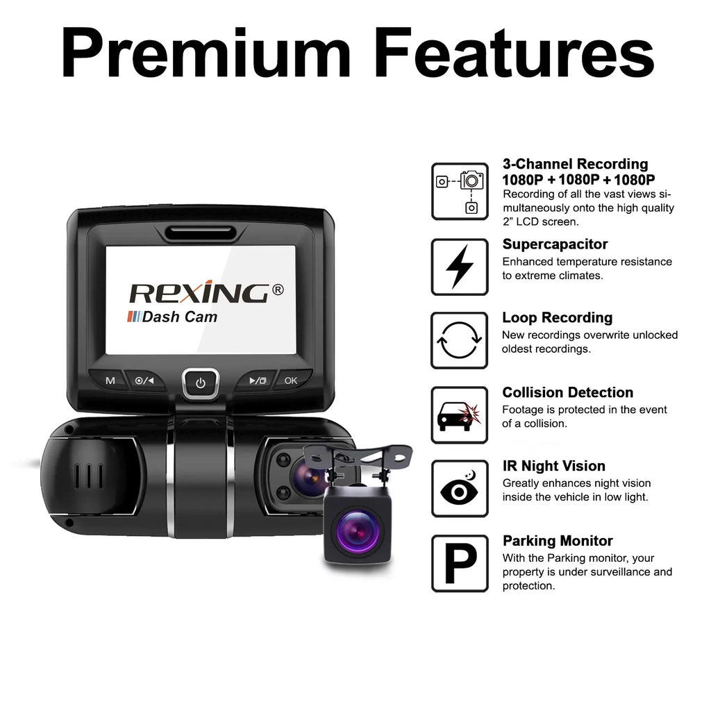 Cam 1080P+1080P+1080P Dash 3-Channel S1 Rexing