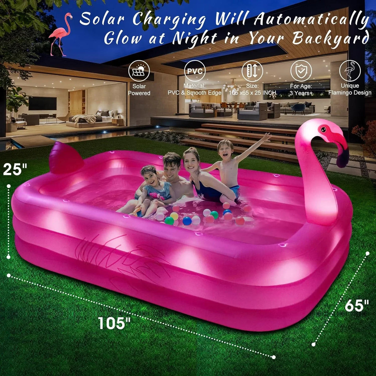 Pool up for Family Inflatable Backyard,Outdoor Blow Large Pool Inflatable Swimming Flamingo Kids,Adults with Pool Pool, 105"x65"x25" Lights, Solar Kiddie Durable Inflatable 2024 Thickened for Pool,