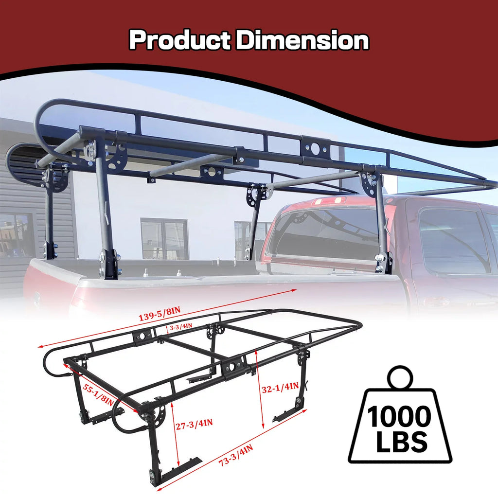 1000 LBS Truck Lumber Universal Cab Ladder Rack Bar 60 Adjustable Over-Cab Bed Pickup Kayak Contractors Kojem Rack Side Long Inch