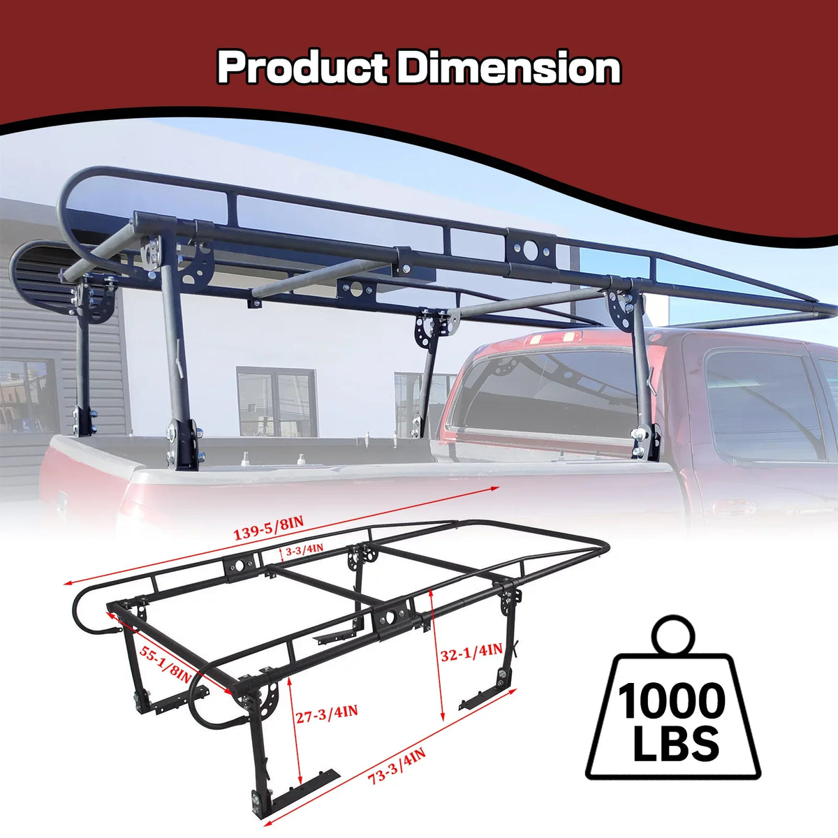 1000 LBS Truck Lumber Universal Cab Ladder Rack Bar 60 Adjustable Over-Cab Bed Pickup Kayak Contractors Kojem Rack Side Long Inch