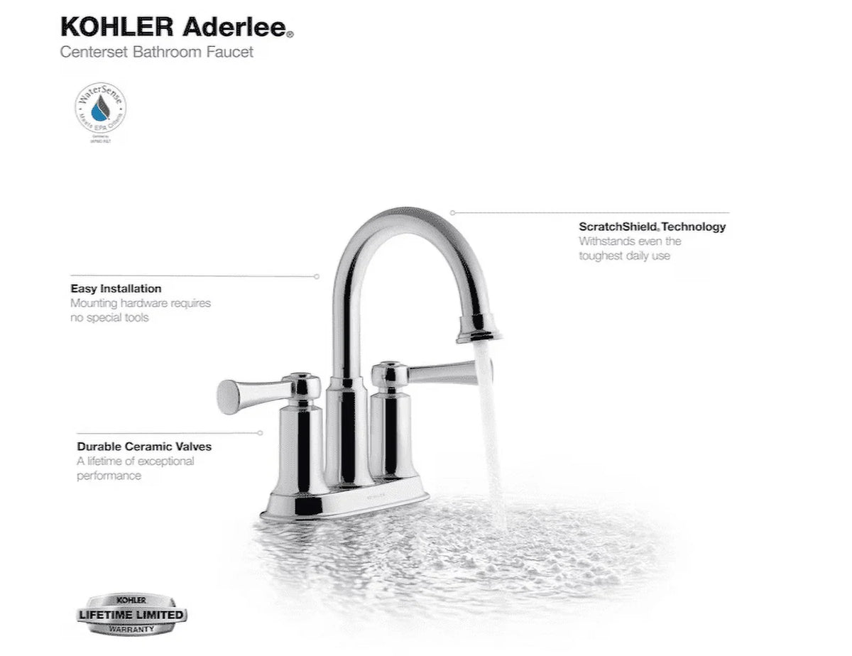 Kohler Sink Aderlee Center-Set Bathroom Polished 1.2GPM Chrome Faucet,