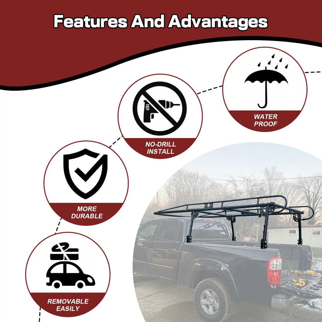 1000 LBS Truck Lumber Universal Cab Ladder Rack Bar 60 Adjustable Over-Cab Bed Pickup Kayak Contractors Kojem Rack Side Long Inch