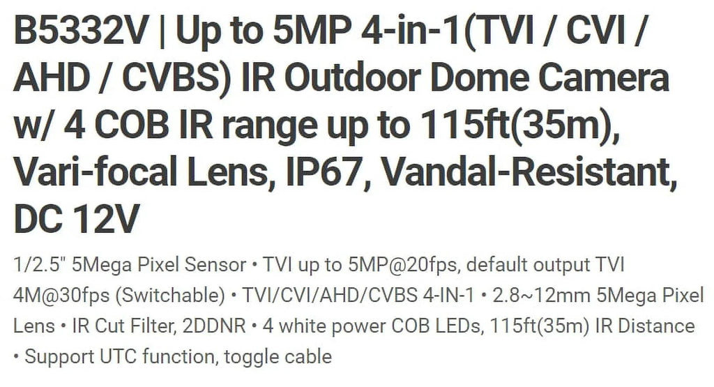 5MP Eyemax IR 12V HD-TVI Vandal 2.8-12mm, TIV COB DOME DC B5332V-W Camera IR LED 4