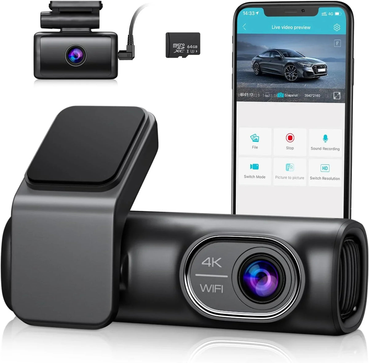 5G Vision, Loop Dash Recording, Front WDR and with Card, Free 4K/2K/1080P+1080P 64G Night Rear GPS Dual 24h Parking WiFi OMBAR Cam APP G-Sensor, SD Mode,170°Wide,