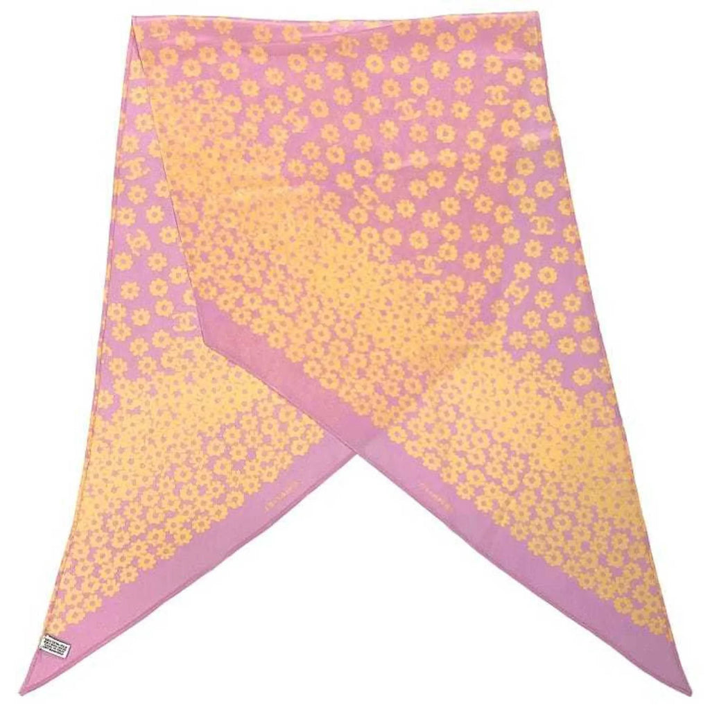 Pre-Owned here muffler 100% scarf yellow ladies CHANEL Chanel mark silk (Good) pink flower see-through