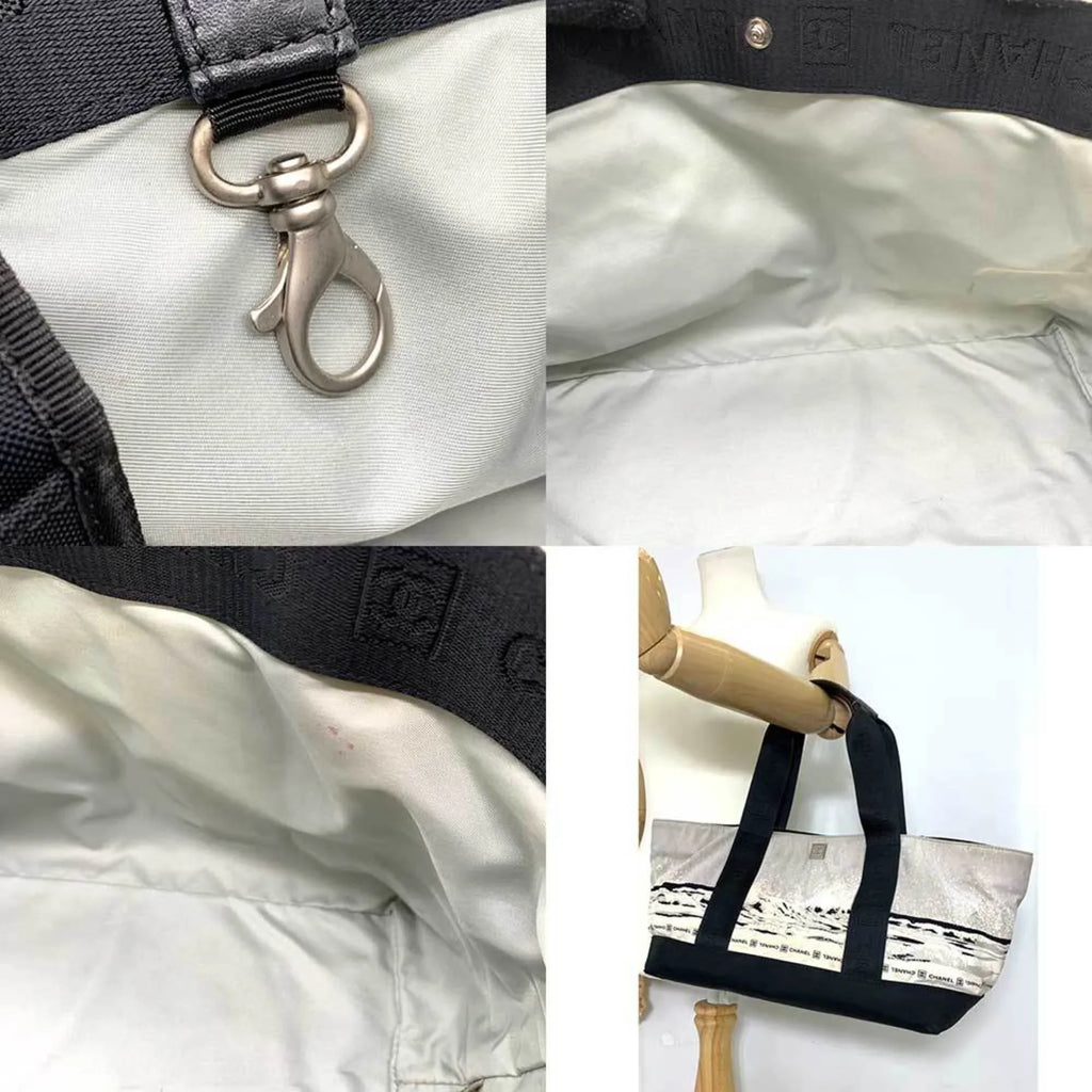 CHANEL Handbag Gray Pattern Line Tote Summer Canvas Bag Nylon High Horizontal Ladies Black x Pre-Owned Sports (Fair) Men's Wave