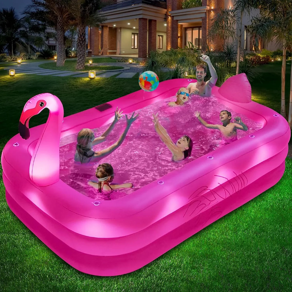 Pool up for Family Inflatable Backyard,Outdoor Blow Large Pool Inflatable Swimming Flamingo Kids,Adults with Pool Pool, 105"x65"x25" Lights, Solar Kiddie Durable Inflatable 2024 Thickened for Pool,