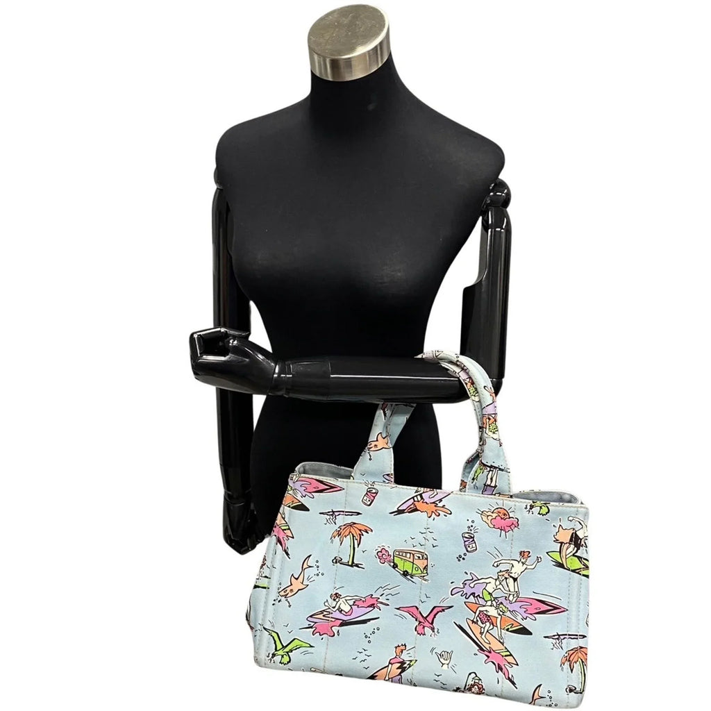 Pre-Owned 25905 Prada Canvas Tote Blue Multicolor Surfing (Good) Handbag Bag Pattern PRADA Triangle Canapa