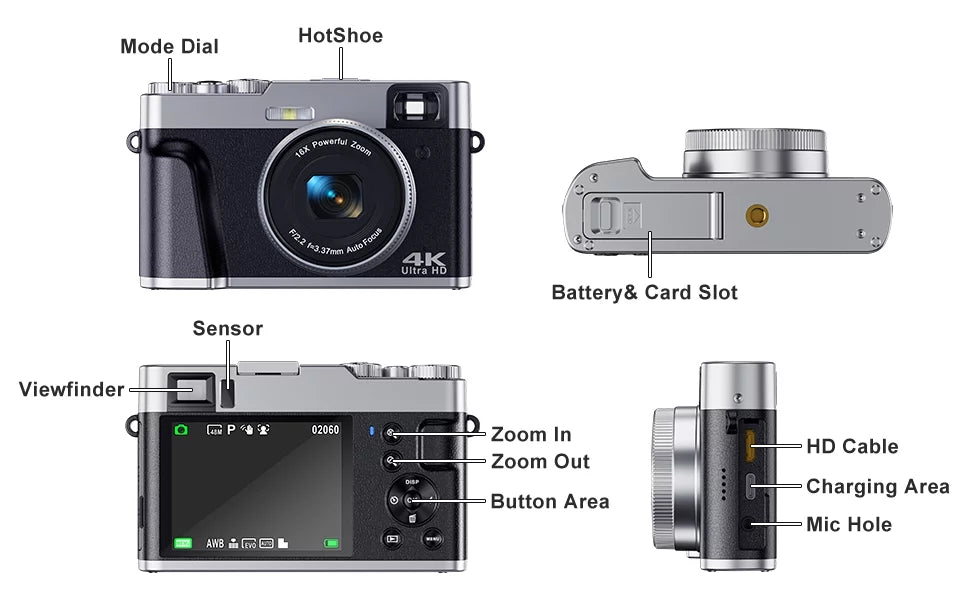 YouTube for Camera Camera with Video 4K 16X 32GB Card Autofocus for SD 4K 48MP Vlogging Photography Digital Zoom Digital Camera