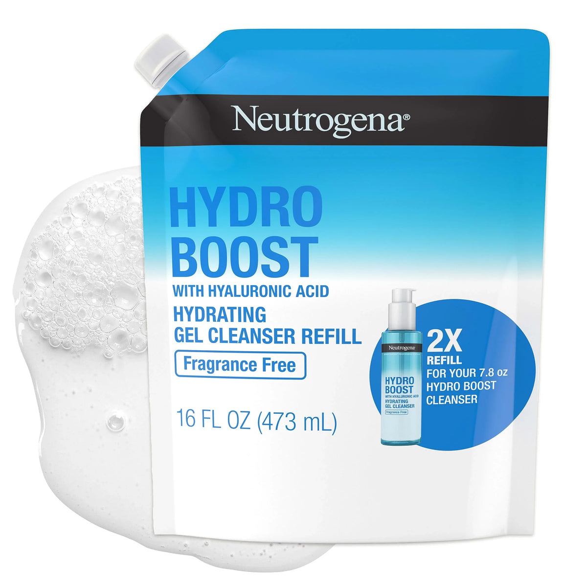 Face Cleanser Hydrating Remover, Wash, Hydro Face Non-Comedogenic, Pouch, Daily Foaming Gentle Hyaluronic Neutrogena & Wash Refill Makeup Boost Gel Fl. Facial With Oz Acid, Free Fragrance 16