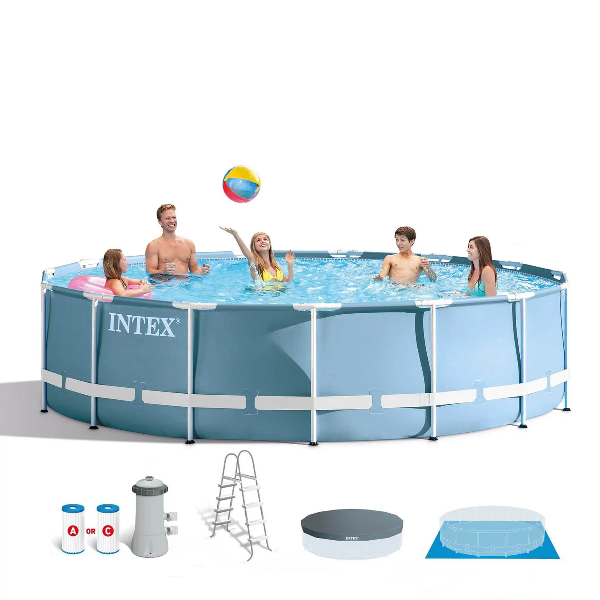 15 x Pump with Intex 48 Feet Ladder, Frame Prism & Pool Inches (Used) Cover, Set