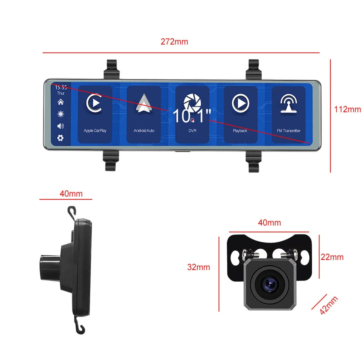 1080P Rear View Cameras,FM Front Control Mirror Recording with Assistance, Dual Auto,11.26" Cam Apple WDR,Loop Wireless Carplay&Android Transmitter,Night Voice Rear Mirror View Dash Vision,Parking and