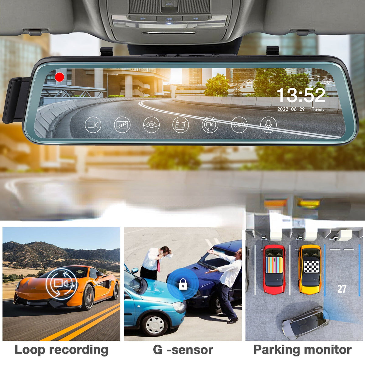 Mirror 10' Angle Cheefull Wide Rear ' Monitor Backup ViewFHD Dash w Parking Camera Rear Mirror Touch Cam Camera Front G-Sensor, Screen 170° and Recording, 1080P Loop Full