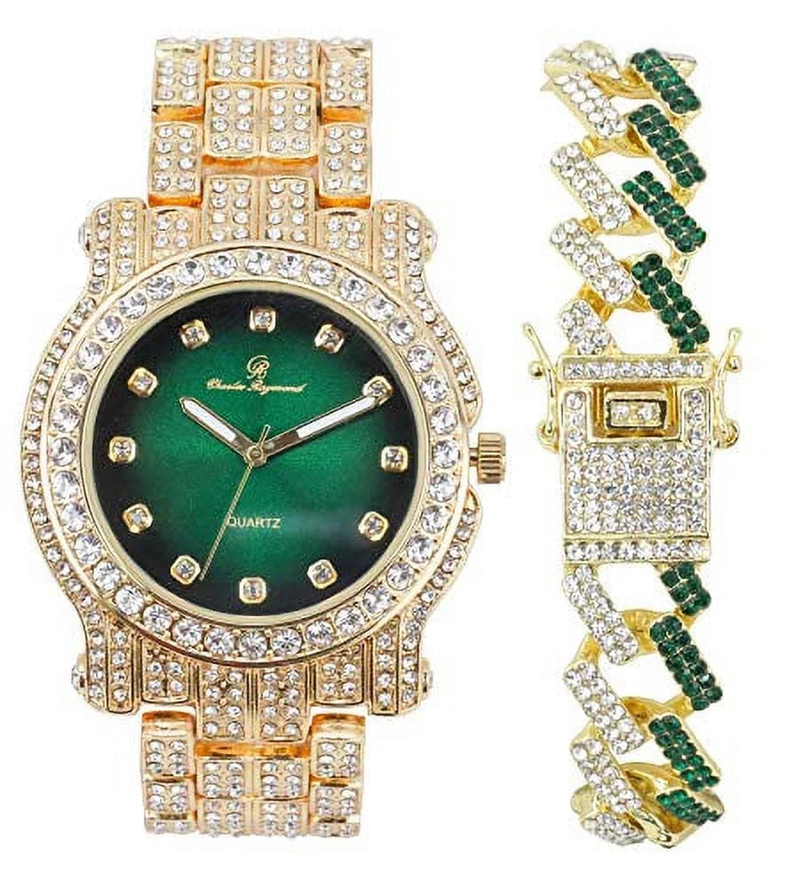 Green) Money Silver Bracelet Bling-ed Gold Watch Out Round - Luxury ZZ Mens (L0504DXB Out w/Bling-ed