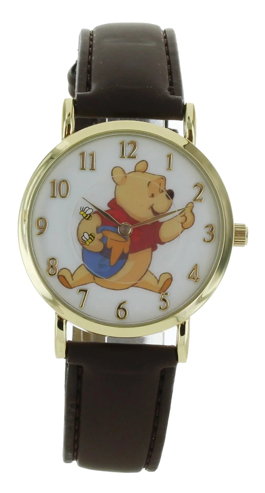 Analog Brown With Case Watch Pooh Tone Gold Band Winnie WP5003 Disney The Bees Rotating Leather