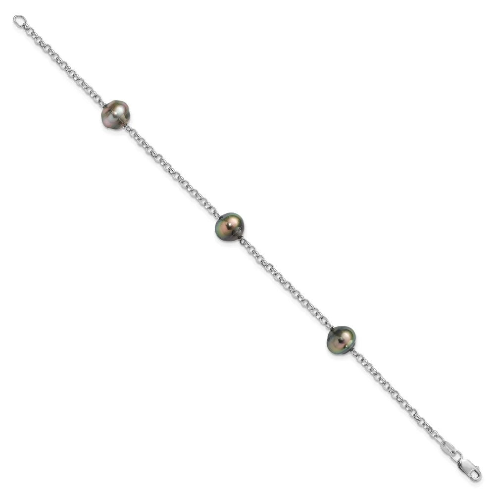 7.5inch 9mm Silver Tahit Bracelet 3Stat Pearl for Sterling Auriga Saltwater Women 925