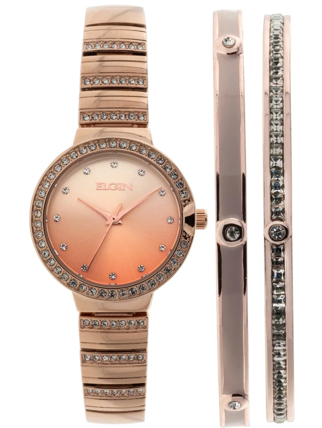 3pc Elgin Watch Rose Female Analog Gold in Bracelet (EG160012RGST) and Set Adult