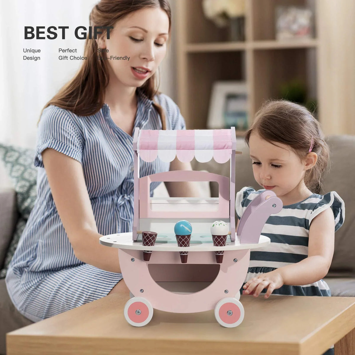 Toys Wooden Play Kids, Toddlers Boys 3 for and Truck, Gift Up Cream Girls Cart Pretend for Food ROBUD & Ice Years