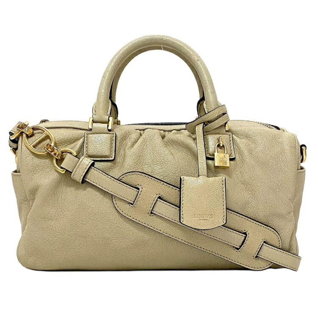 Pre-Owned Champagne Boston (Good) Gold Loewe Handbag Leather LOEWE 2way Lame Anagram Women's