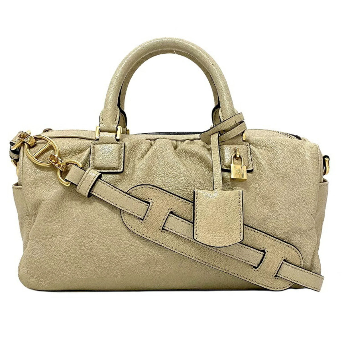 Pre-Owned Champagne Boston (Good) Gold Loewe Handbag Leather LOEWE 2way Lame Anagram Women's
