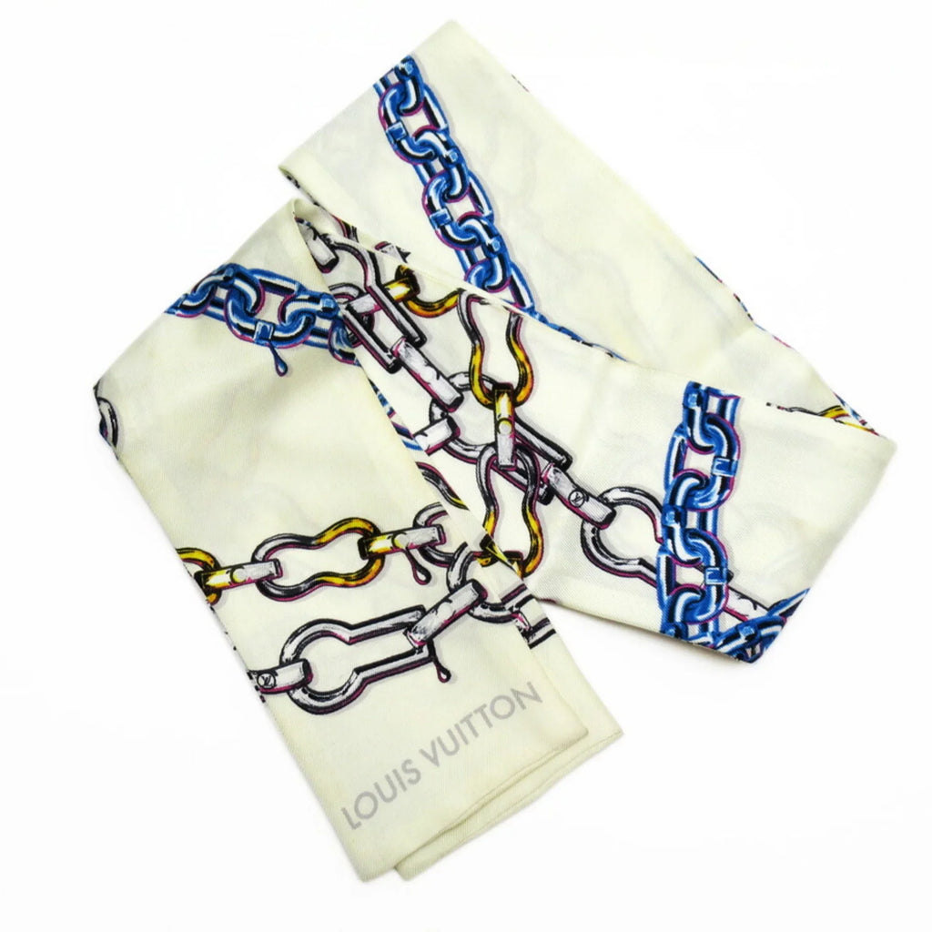 x Pre-Owned (Good) Vuitton MP1691 Louis Ribbon 100% Blue Silk Ivory Scarf Bandeau