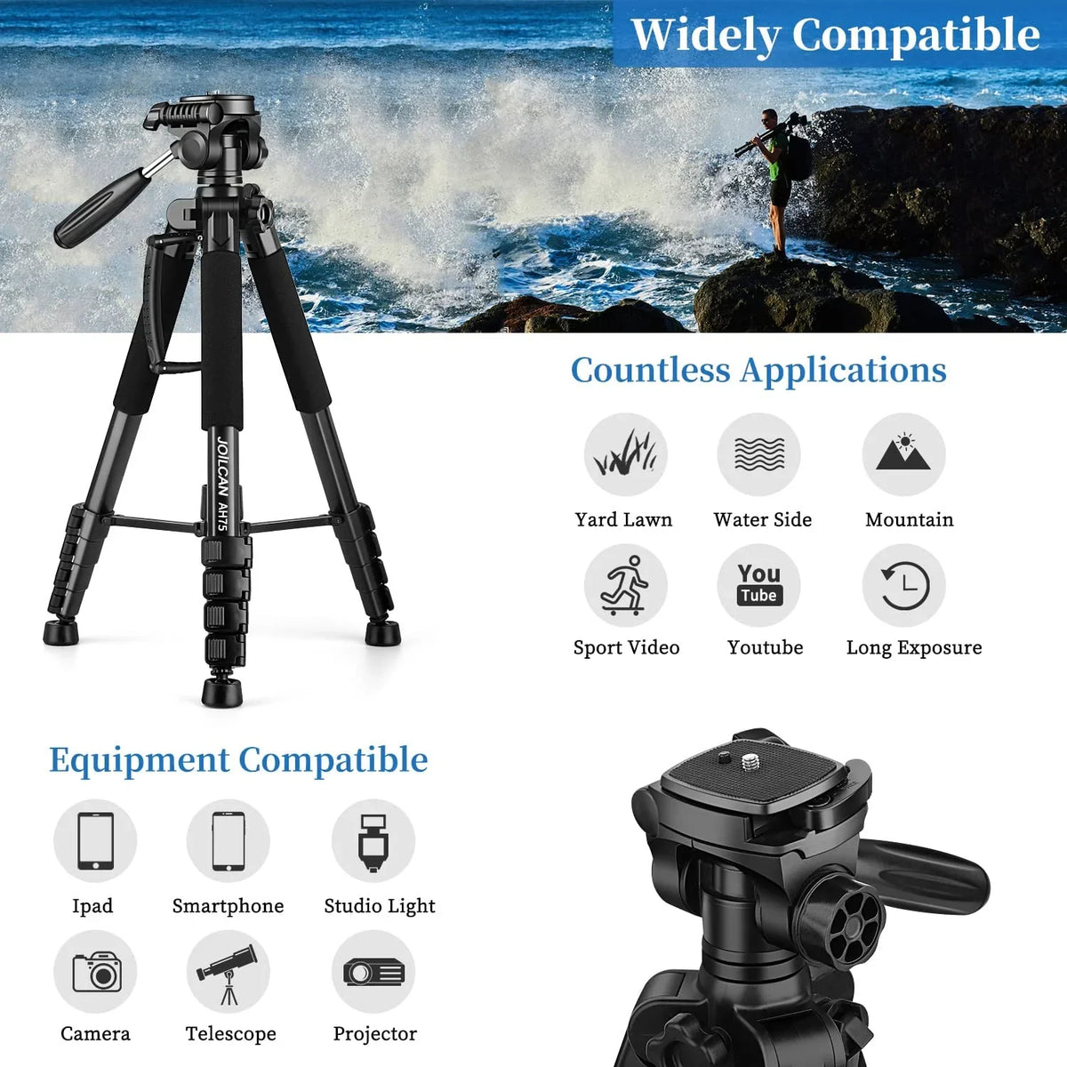 Phone Tripods, Tall Stand Tripod for Camera Video Cell Photography, Tripod 74" Camera Tripod, Heavy Camera Duty