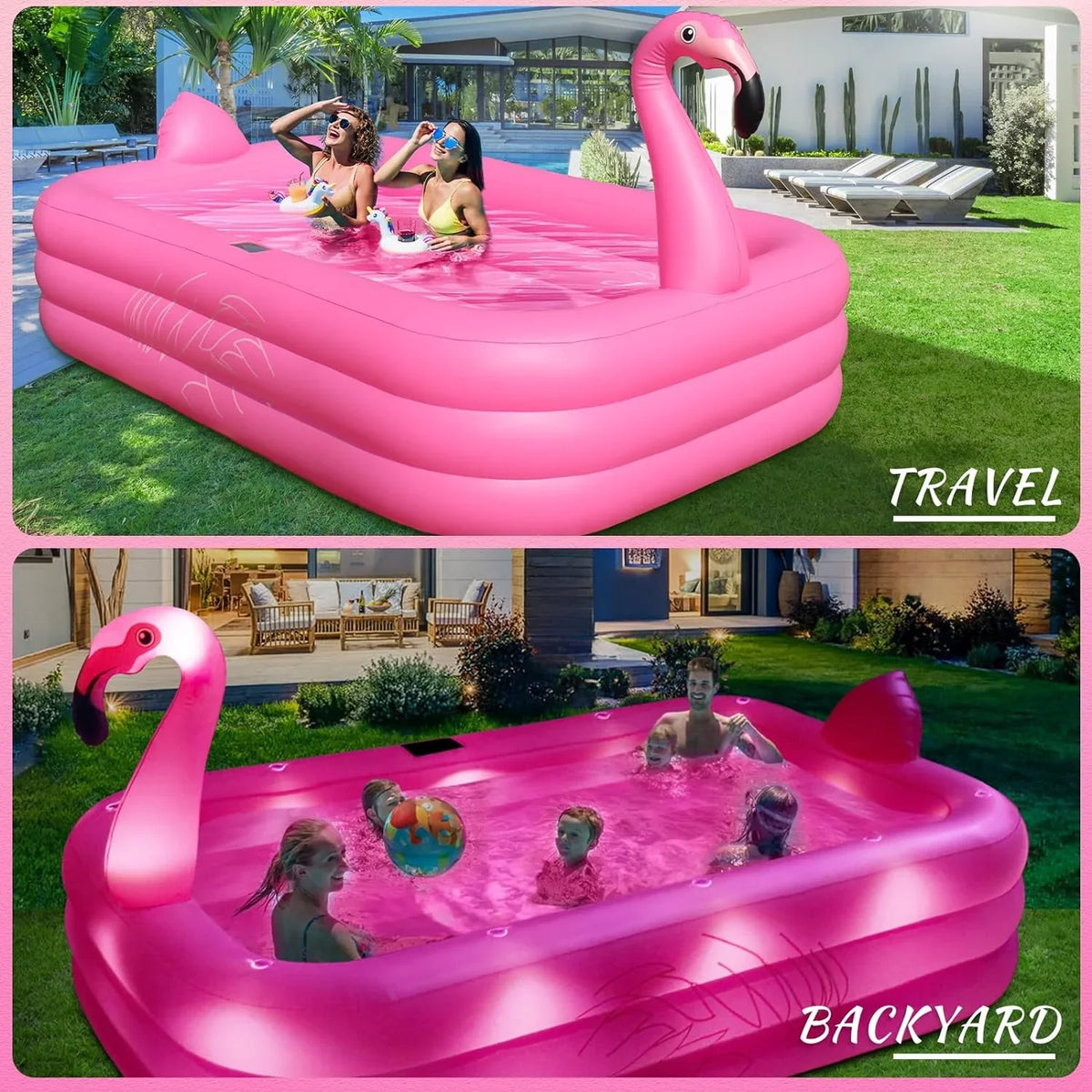 Pool up for Family Inflatable Backyard,Outdoor Blow Large Pool Inflatable Swimming Flamingo Kids,Adults with Pool Pool, 105"x65"x25" Lights, Solar Kiddie Durable Inflatable 2024 Thickened for Pool,