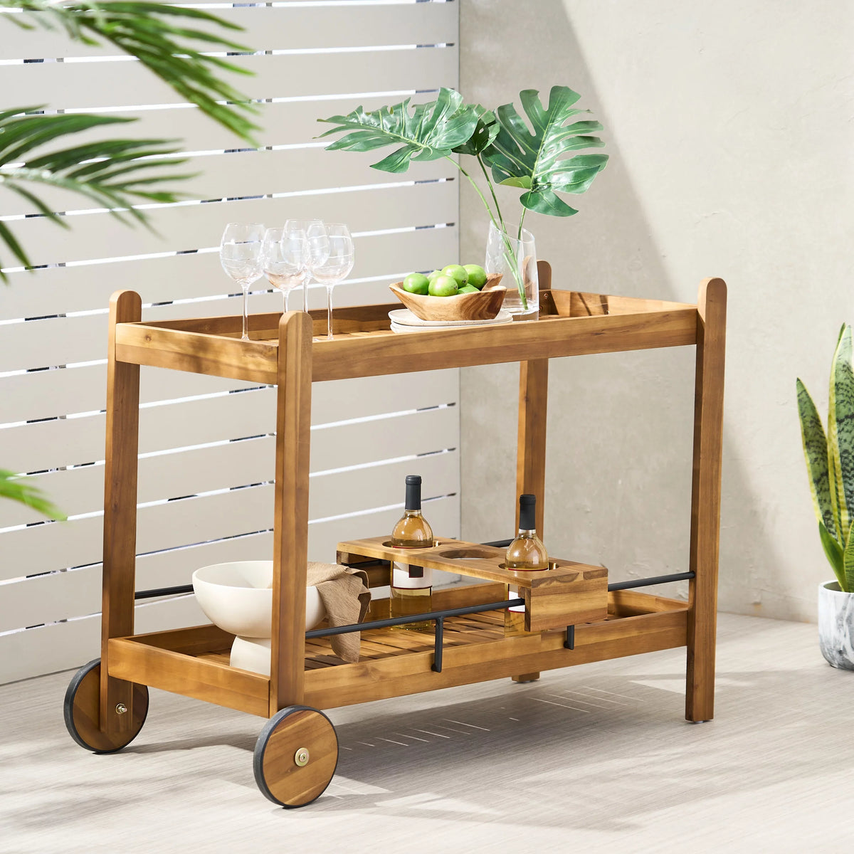 and Bottle with Bar Cart Bonneau GDF Studio 2 Holders, Teak Acacia Tiered Outdoor Black Wood