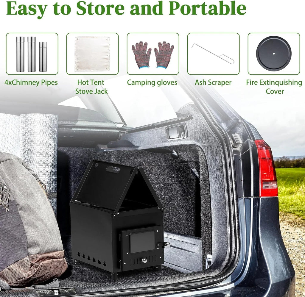 Pipes, Outdoor Cooking Stainless Outdoor Tent and with People Use(Black) Camping Wood Jack Heating Stove Burning Gloves Tent & for Chimney 1-2 Portable Wood Stove Stove, Camping