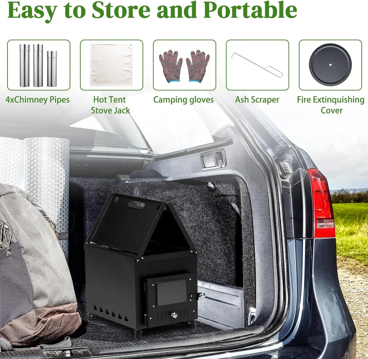 Pipes, Outdoor Cooking Stainless Outdoor Tent and with People Use(Black) Camping Wood Jack Heating Stove Burning Gloves Tent & for Chimney 1-2 Portable Wood Stove Stove, Camping