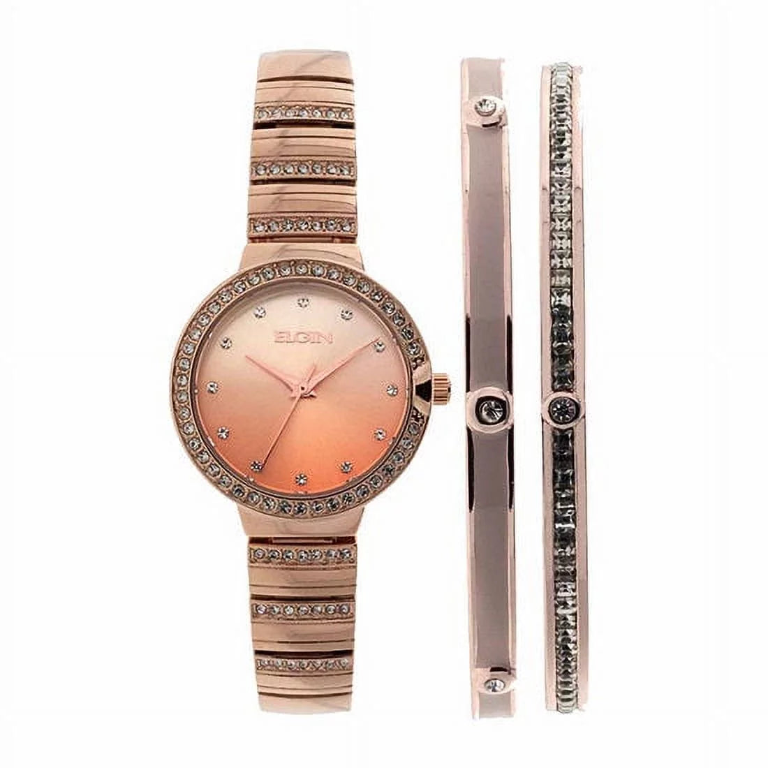 3pc Elgin Watch Rose Female Analog Gold in Bracelet (EG160012RGST) and Set Adult