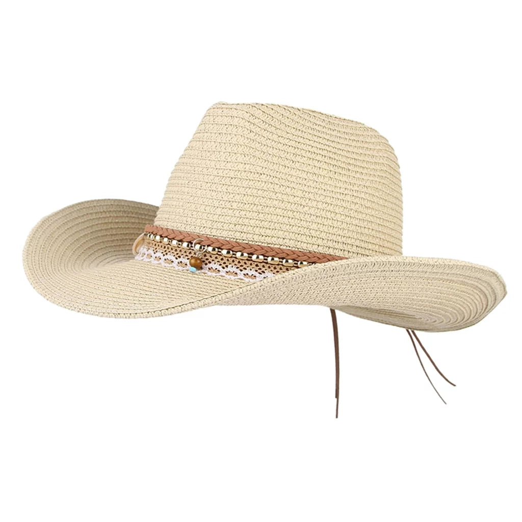 Sun Hat Western Cowboy Packable Women Brim Trilby Straw Beige Style Floppy Big