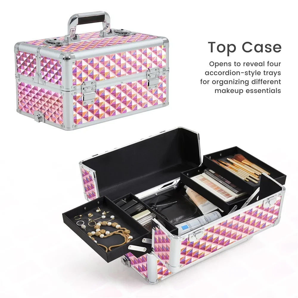 Topeakmart Train Large Trolley 3-in-1 Storage, Pink Case Cosmetic Makeup Rolling with