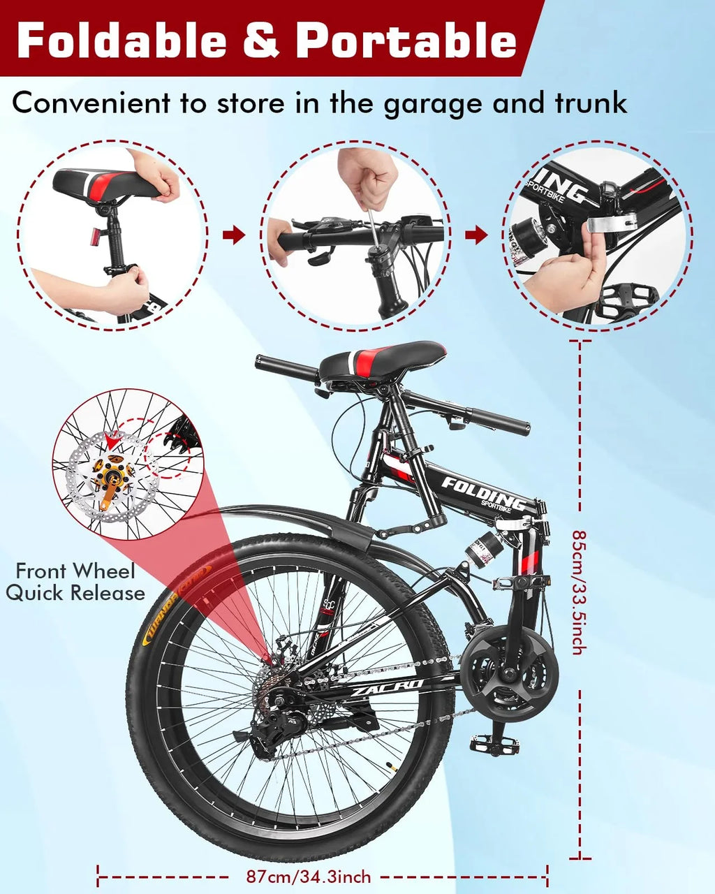 Speed/Carbon MTB Folding Steel Mountain High-Carbon Absorbers Bike, Inch Red City & Fiber Upgraded Zacro Disc Dual Brake Bikes, Shock 26 24 Road Wheels Bicycle,