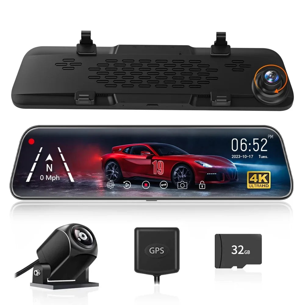 Cam, 4K Screen, with Backup 12" & Free Camera Parking Rear Touch GPS Full Dash Mirror Monitor, View 32GB Camera, Mirror WOLFBOX Card Dash