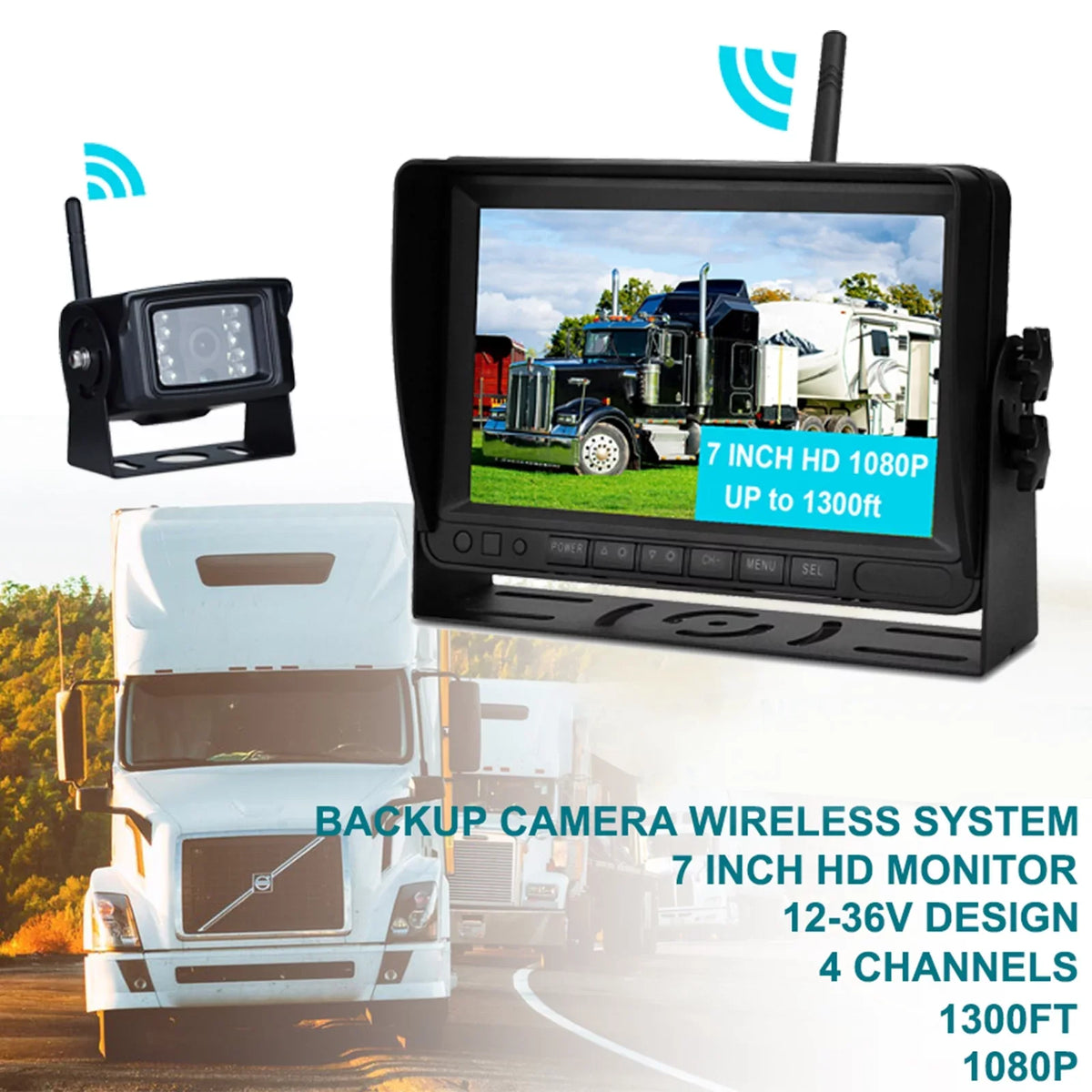 Trailer Camera Wireless Truck Rear 1080P 1CH AHD Kit Backup for 7" View Display