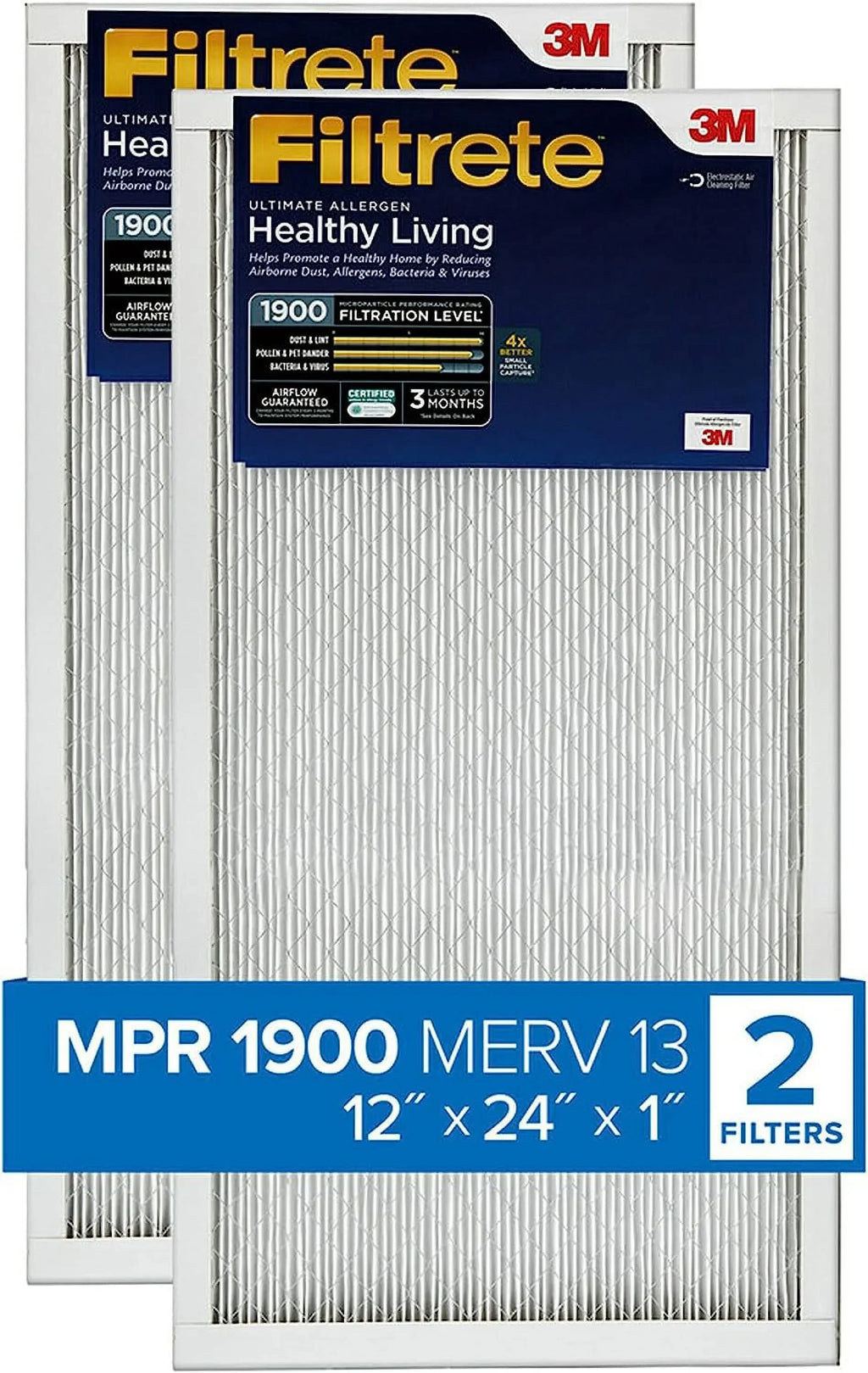 Living Allergen Healthy 3-Month 2 Filtrete Air MERV MPR 12x24x1 1900, 1-Inch 13, Ultimate Air Filters Filter, Pleated Filters,