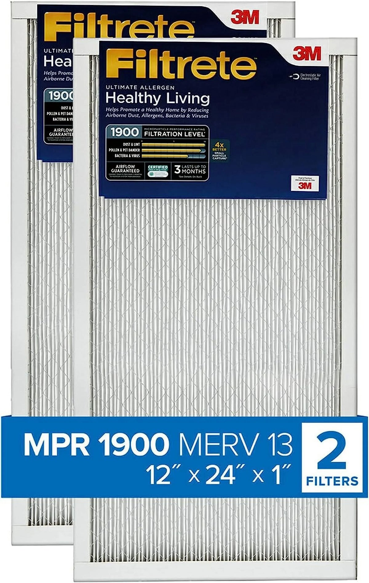 Living Allergen Healthy 3-Month 2 Filtrete Air MERV MPR 12x24x1 1900, 1-Inch 13, Ultimate Air Filters Filter, Pleated Filters,