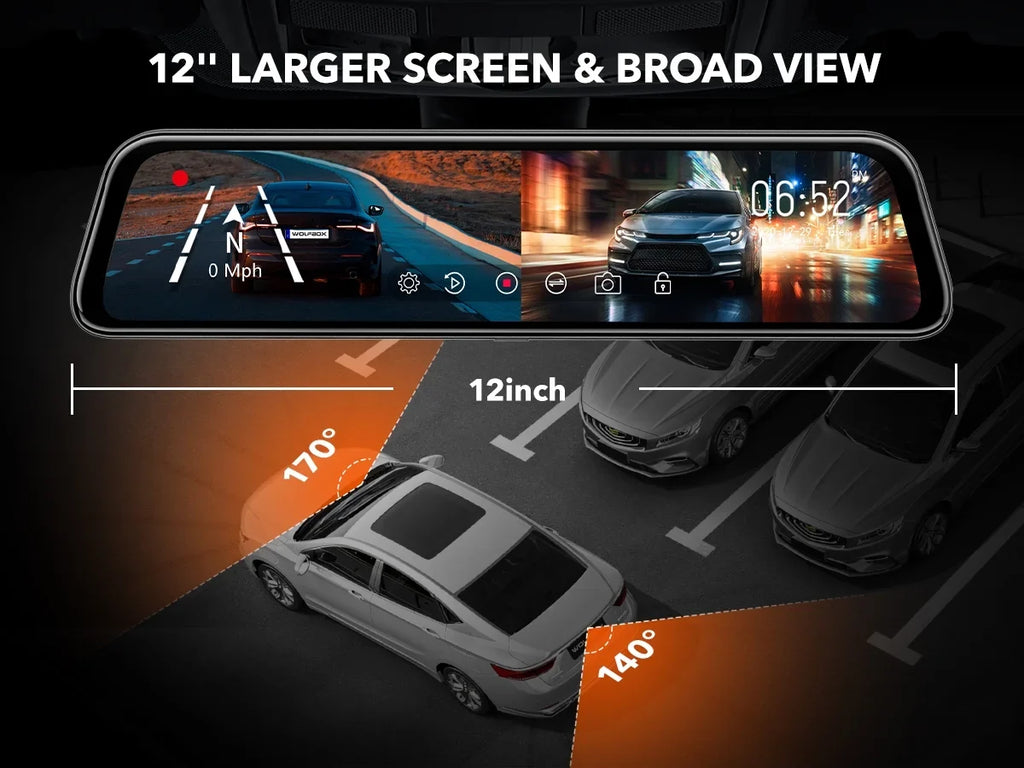Cam, 4K Screen, with Backup 12" & Free Camera Parking Rear Touch GPS Full Dash Mirror Monitor, View 32GB Camera, Mirror WOLFBOX Card Dash