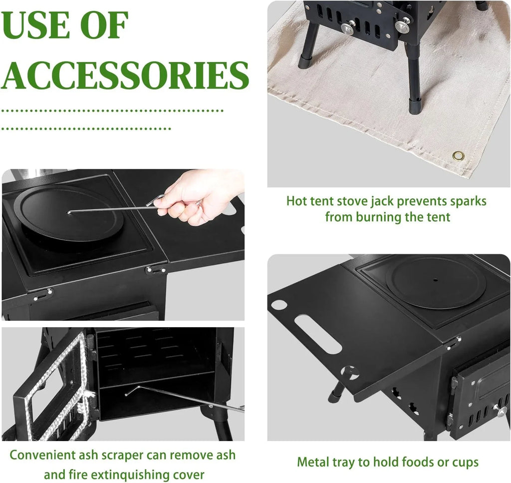 Pipes, Outdoor Cooking Stainless Outdoor Tent and with People Use(Black) Camping Wood Jack Heating Stove Burning Gloves Tent & for Chimney 1-2 Portable Wood Stove Stove, Camping